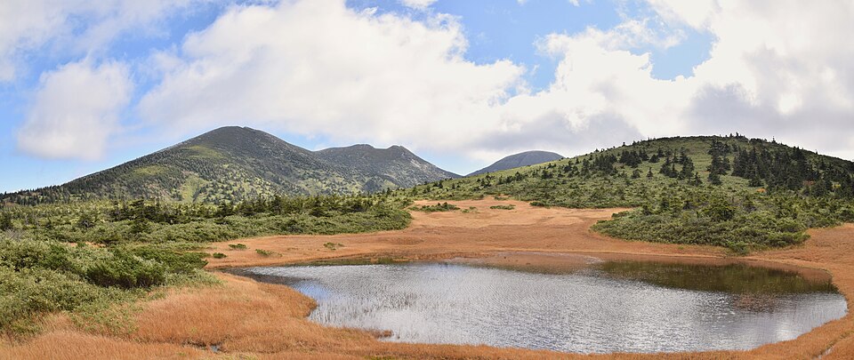 八甲田山秋季全景，楓葉赤黃覆蓋整座山群