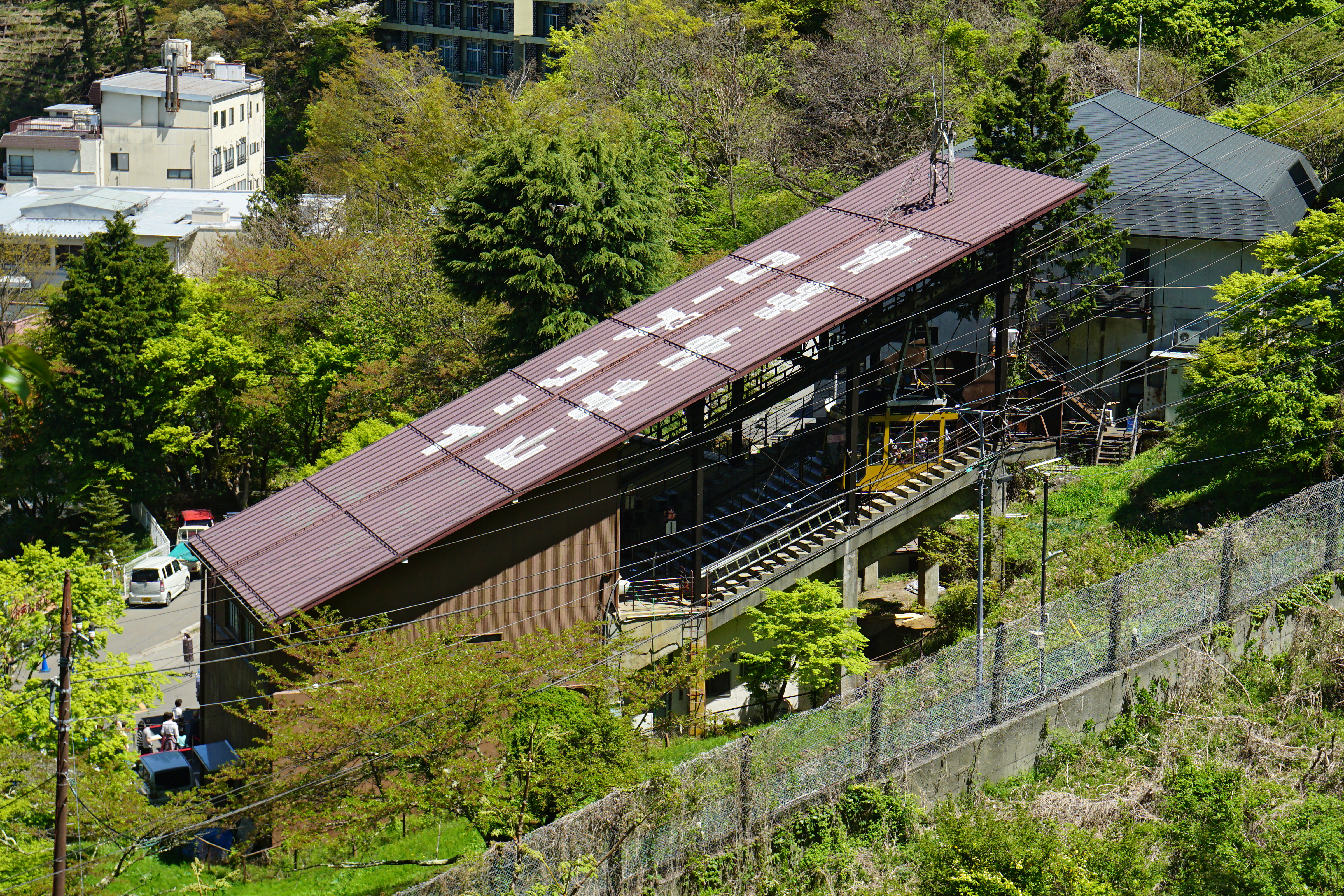 天上山卡奇卡奇山纜車山下站舍——紅褐色屋頂的斜坡式纜車站，被綠樹環繞，位於河口湖畔