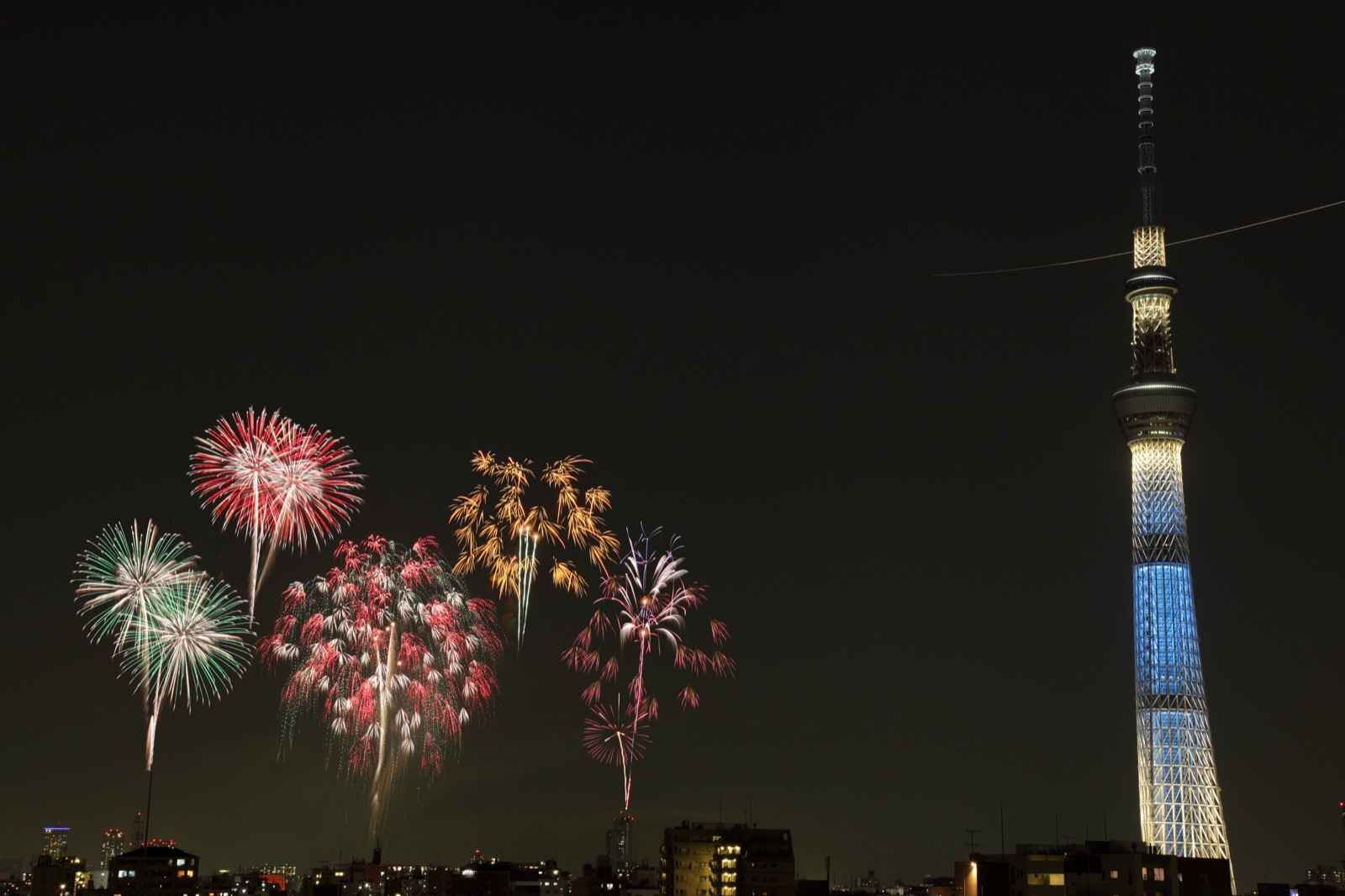 隅田川花火大會的煙火在東京晴空塔(東京スカイツリー)旁夜空綻放