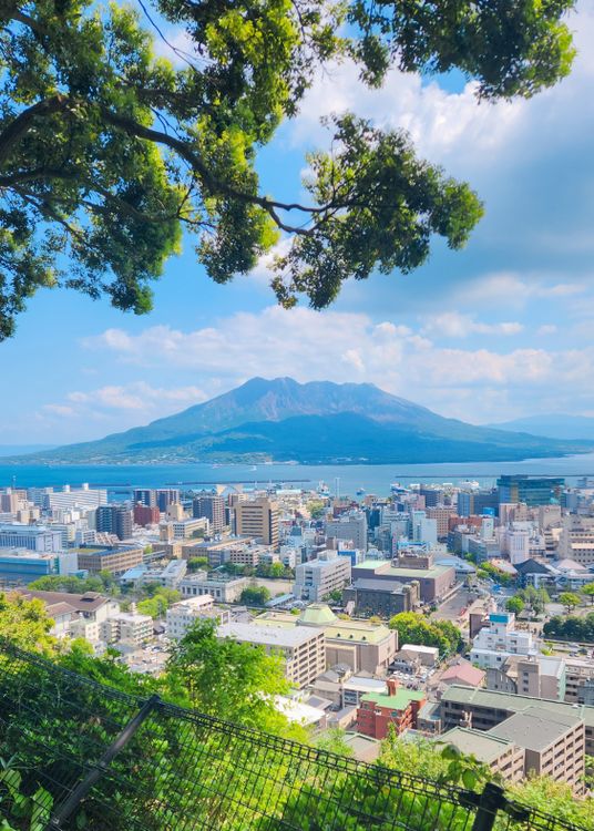 鹿兒島市區全景，背景為活火山櫻島（さくらじま）
