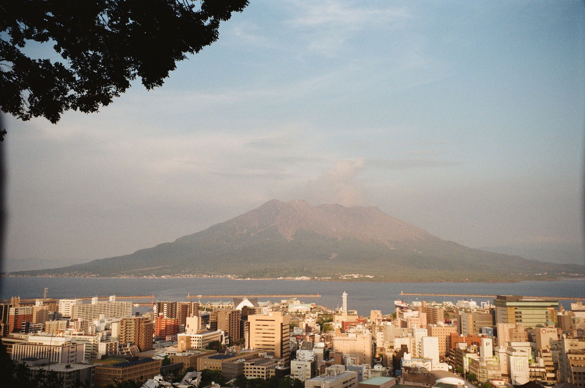 鹿兒島市全景，背景是壯觀的活火山櫻島，城市與火山共存的獨特景觀