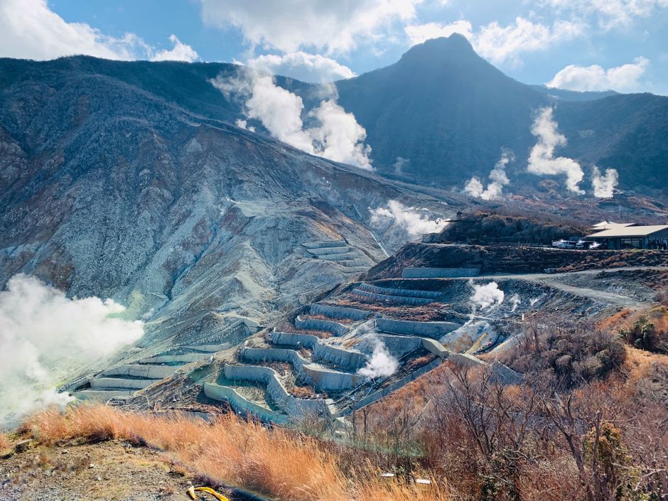 火山地熱噴氣與硫磺蒸氣景觀 — 雲仙地獄（うんぜんじごく）類似場景