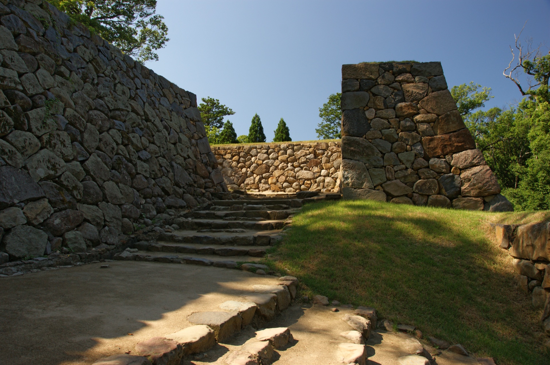 松江城天守閣（てんしゅかく），山陰唯一的現存國寶城堡，四周有護城河和松樹