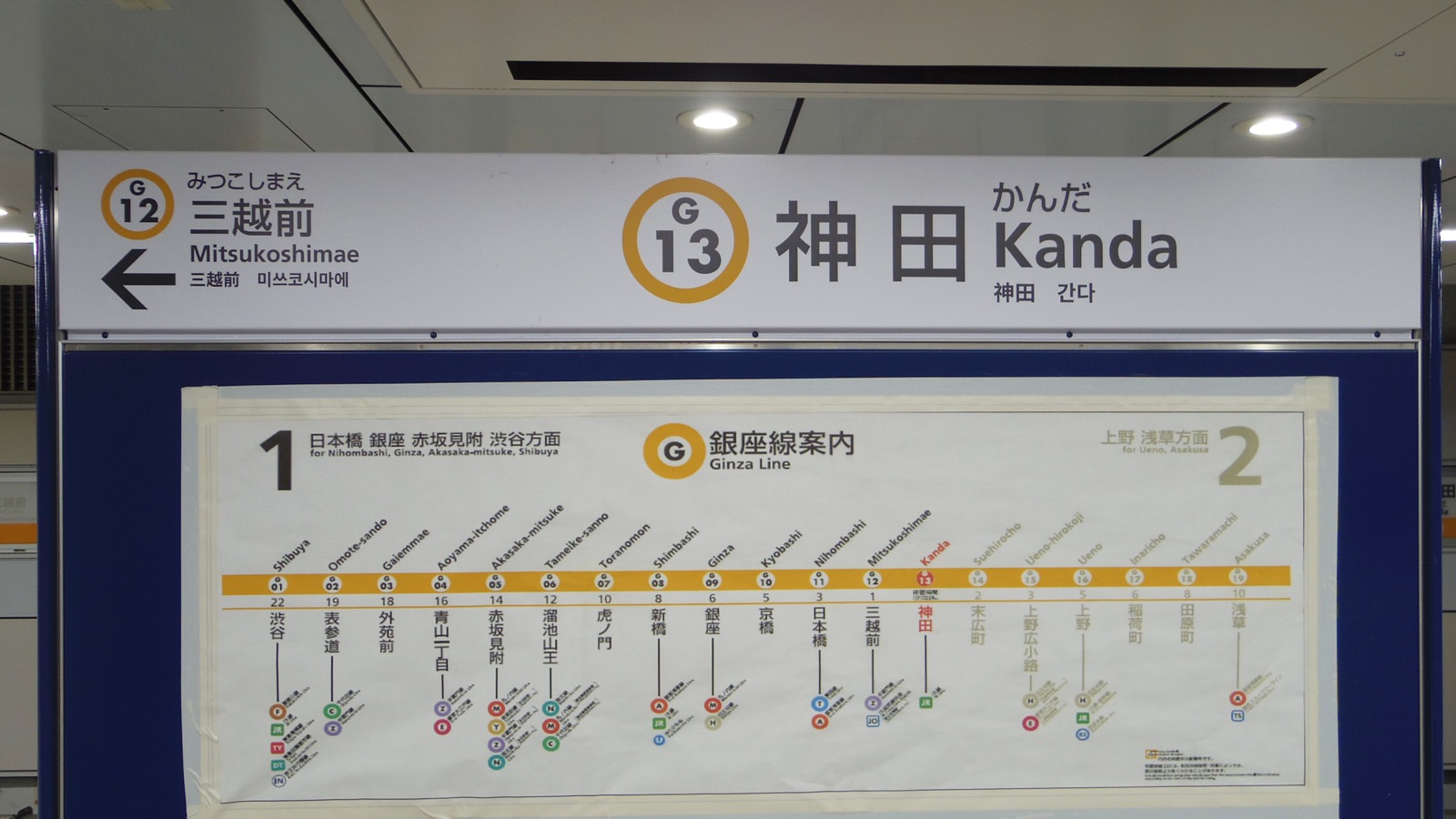 東京 Metro 銀座線 G13 神田站（かんだ／Kanda）的車站編號標示，橘色「G13」一目了然