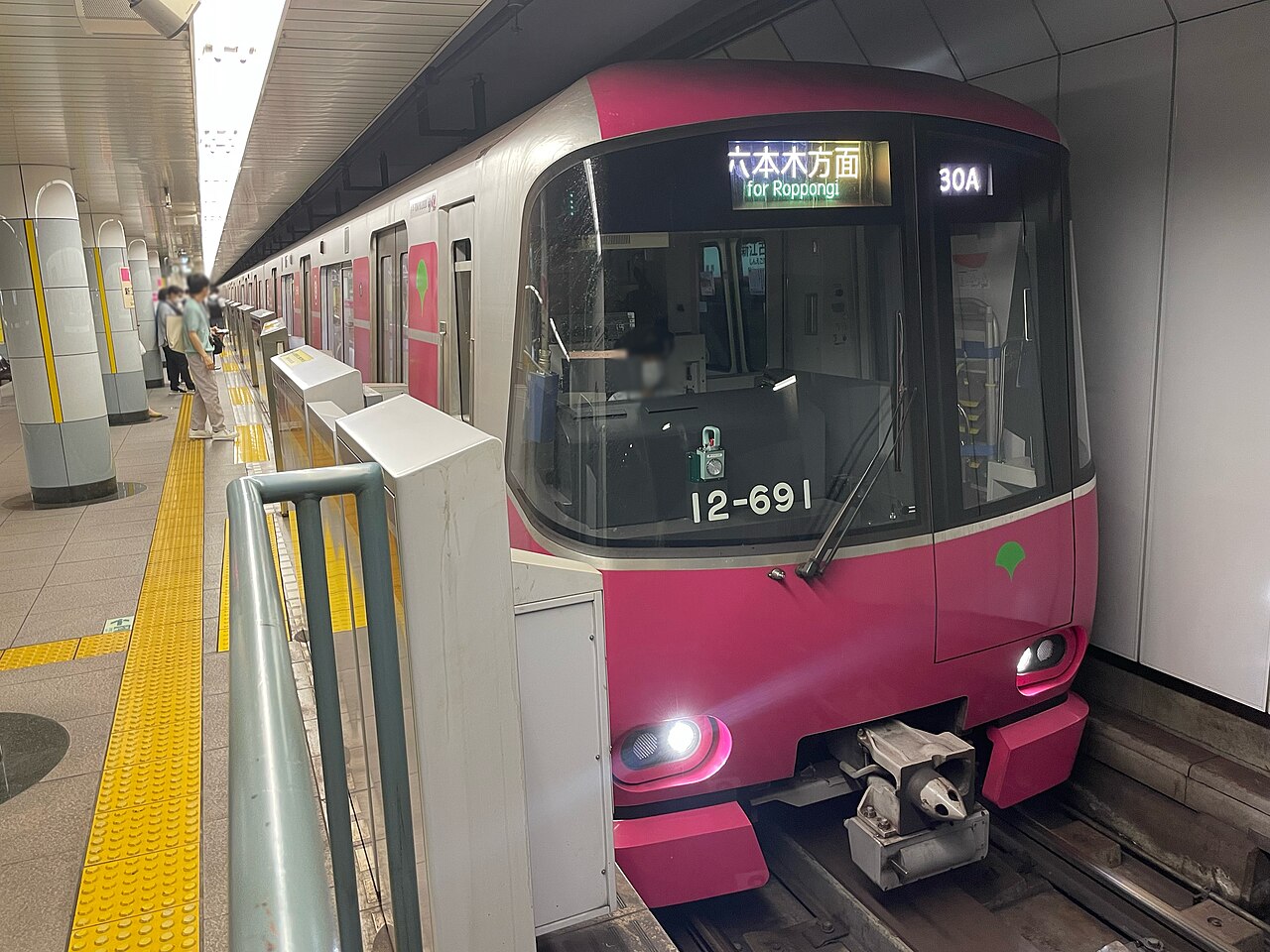 都營大江戶線 12-600 形電車的車頭。大江戶線採用線性馬達驅動的小斷面車輛，車體僅 16.5 公尺