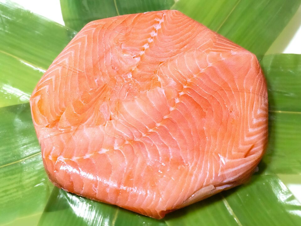 ますのすし（鱒寿司），富山の代表的な押し寿司。竹の葉で包まれた鱒と酢飯が美しく並ぶ